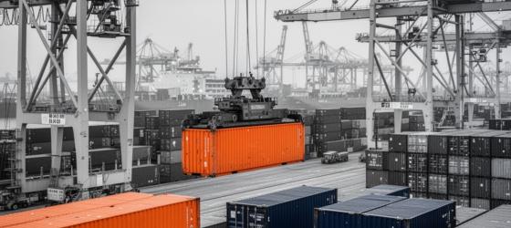 Gru che solleva un container arancione in un terminal in sfondo bianco e nero