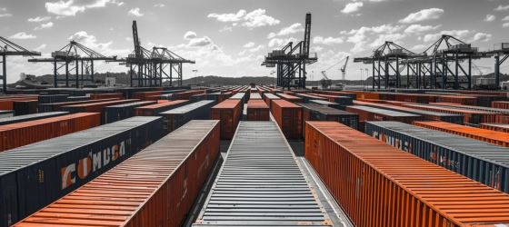 Container arancioni in un terminal portuale in bianco e nero