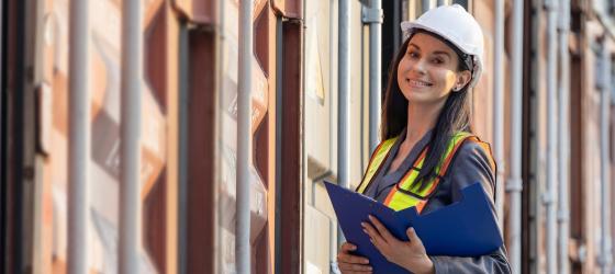 Operatrice logistica sorridente con cartellina blu davanti ai container