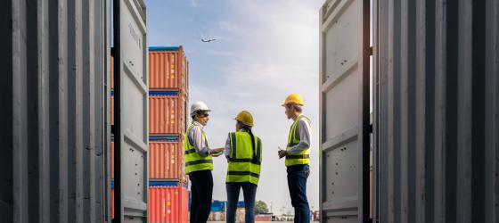 Operatori logistici che discutono tra i container