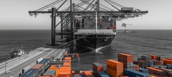 Nave portacontainer al molo durante le operazioni di carico e scarico