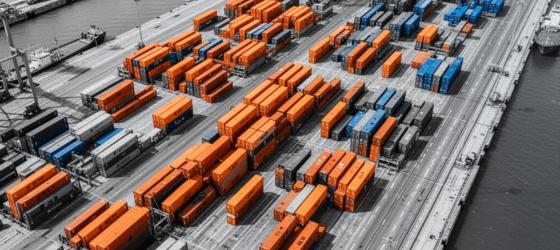 Veduta aerea di un terminal portuale con file di container colorati arancioni e blu, sfondo in bianco e nero
