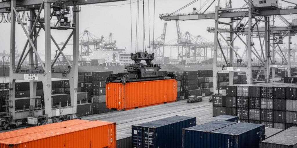 Gru che solleva un container arancione in un terminal in sfondo bianco e nero