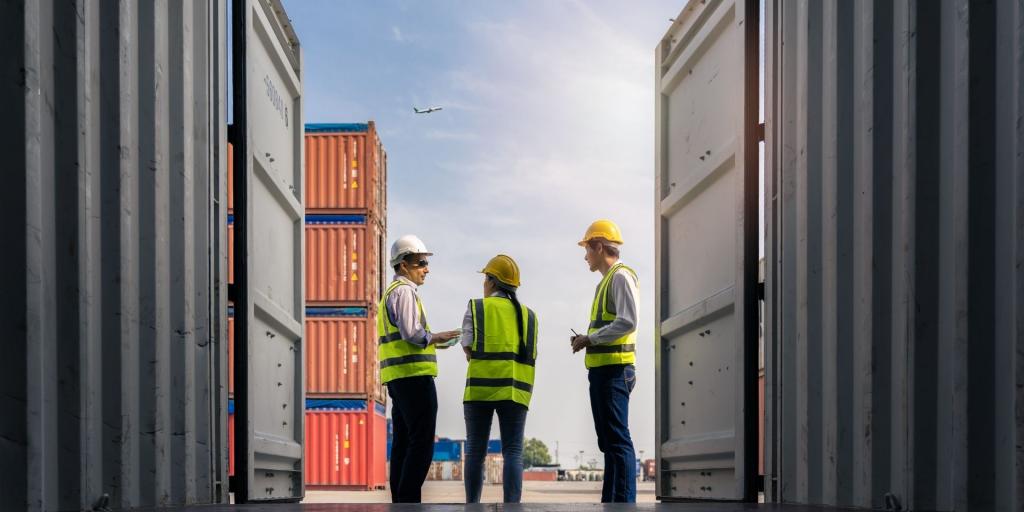 Operatori logistici che discutono tra i container