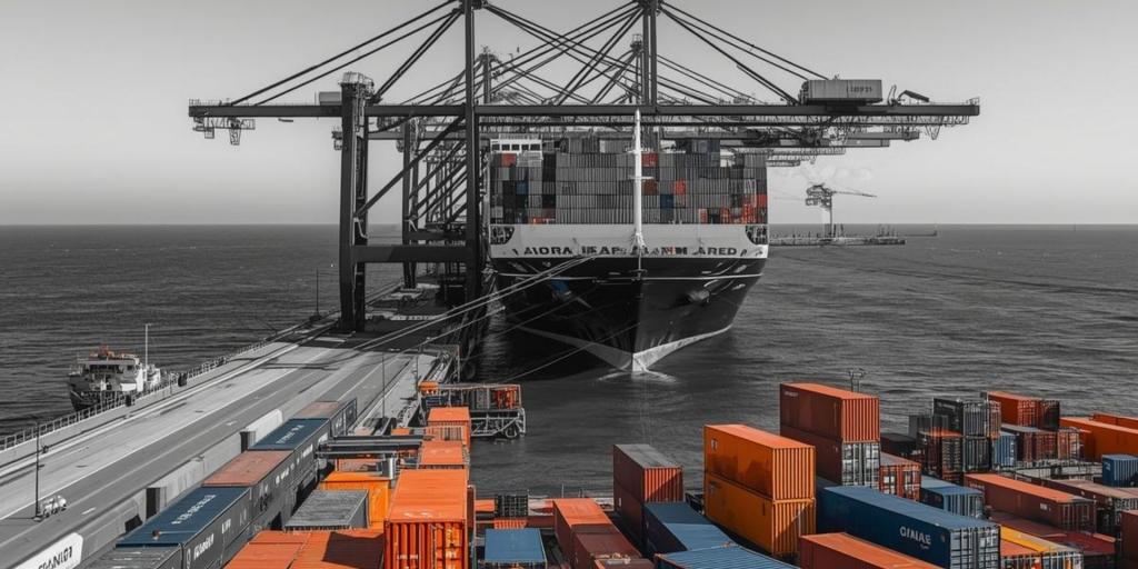 Nave portacontainer al molo durante le operazioni di carico e scarico