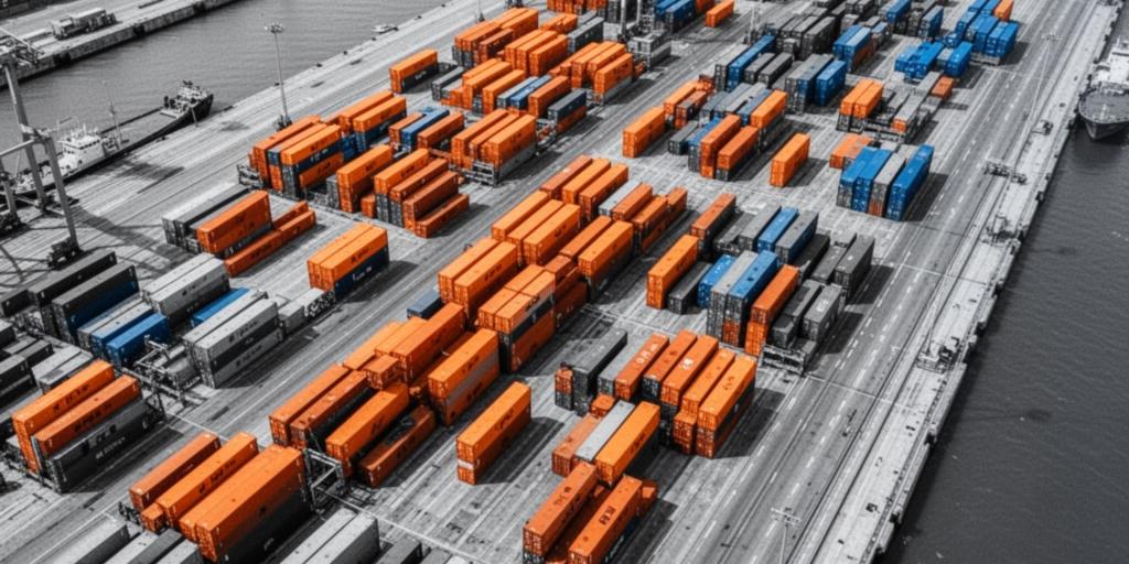 Veduta aerea di un terminal portuale con file di container colorati arancioni e blu, sfondo in bianco e nero